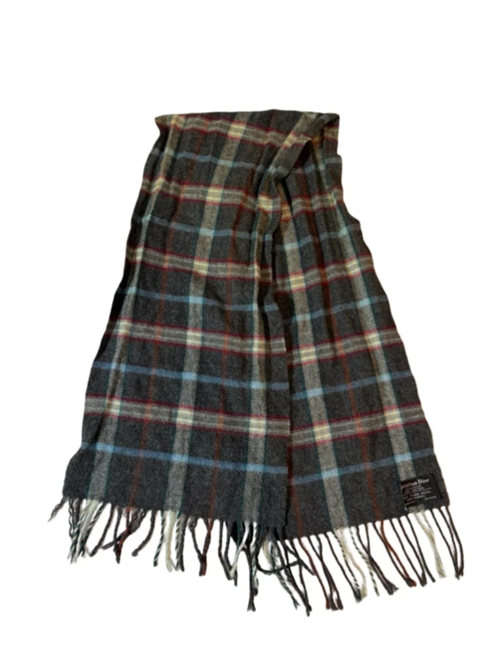 Vintage Christian Dior Monsieur Plaid Wool Scarf Made France Gray Tartan